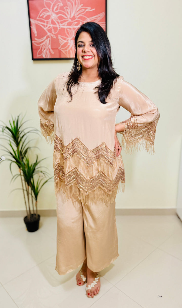 Beige Party Wear Embroidered Coord Set