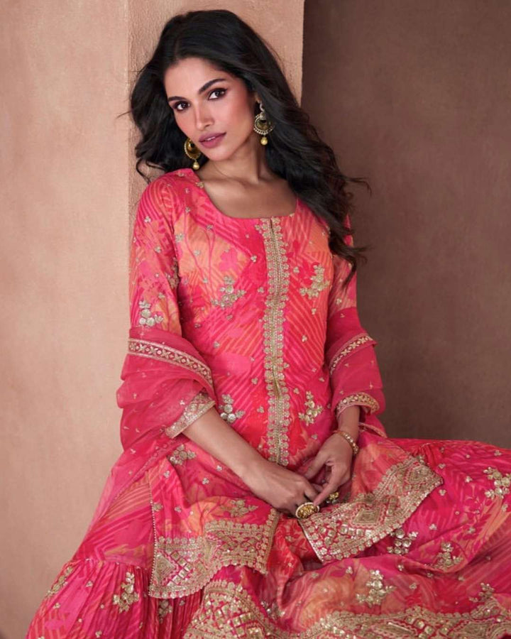 Hot Pink Leheriya Style Kothi Sharara Festive Suit Set