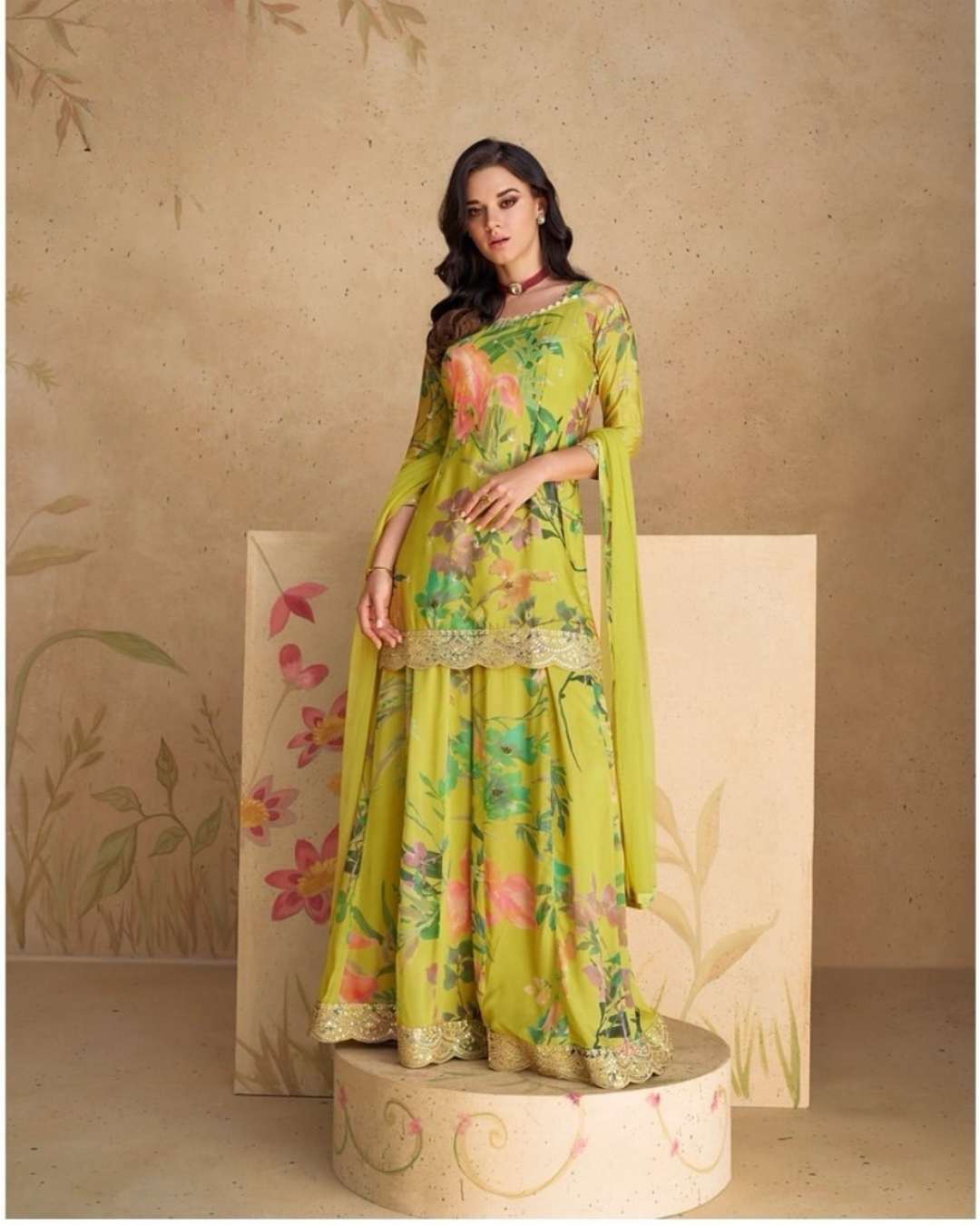 Lime Green Floral Palazzo Suit with Dupatta