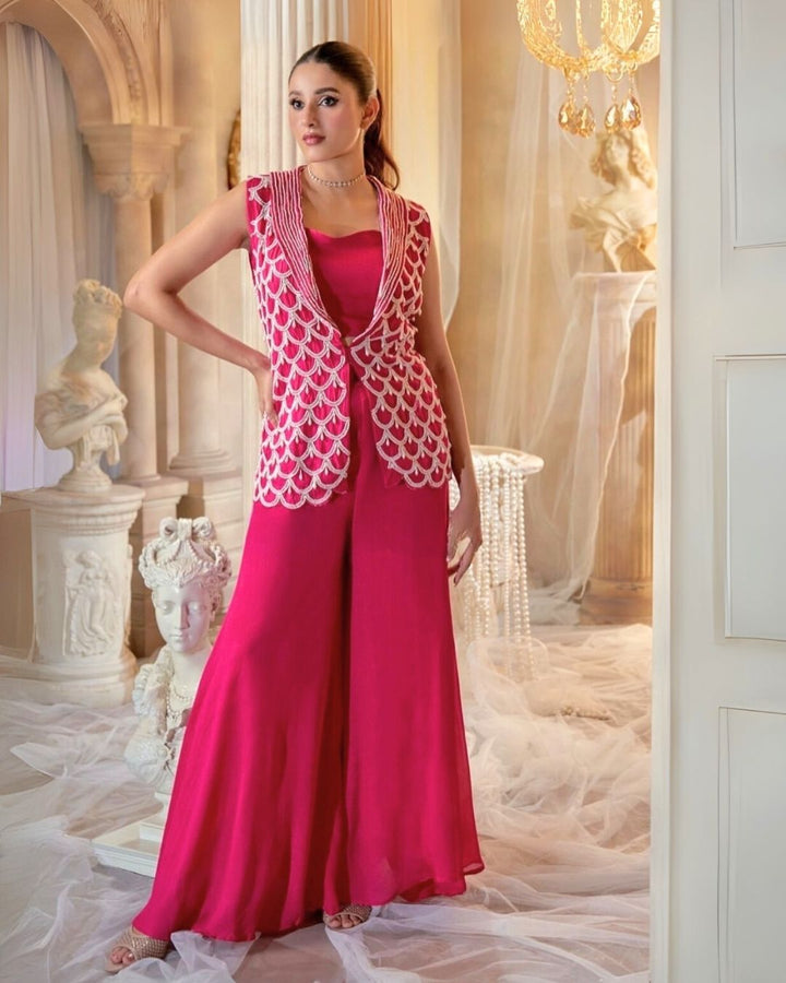 Rani Pink 3 Piece Indo Western Jacket Style Palazzo Party Wear Set