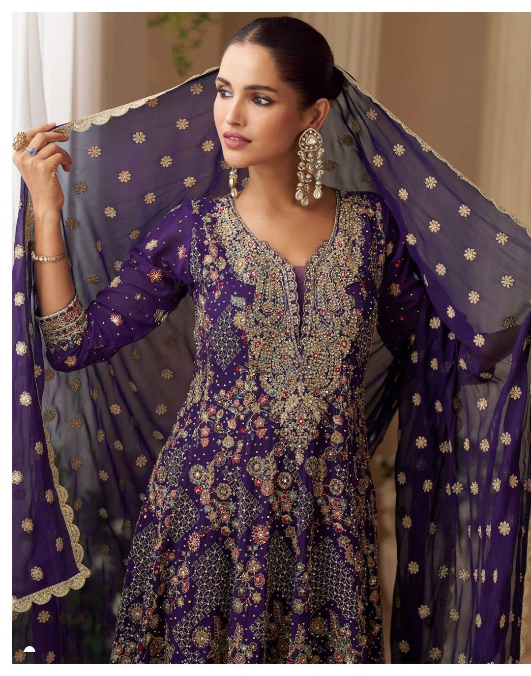 Purple Heavy Anarkali Style Swaroski Embroidered Party Wear Palazzo Suit