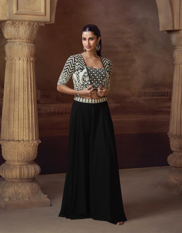 Black Party Wear 3 Piece Embroidered Jacket With Palazzo Set