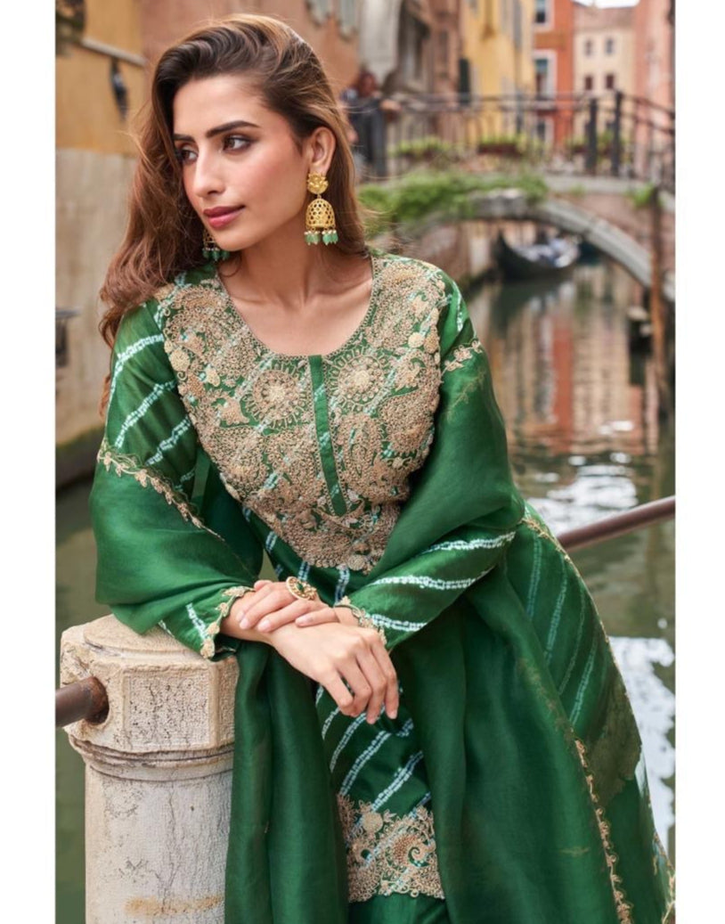 Green Lehriya Embroidered Festive Palazzo Suit Set