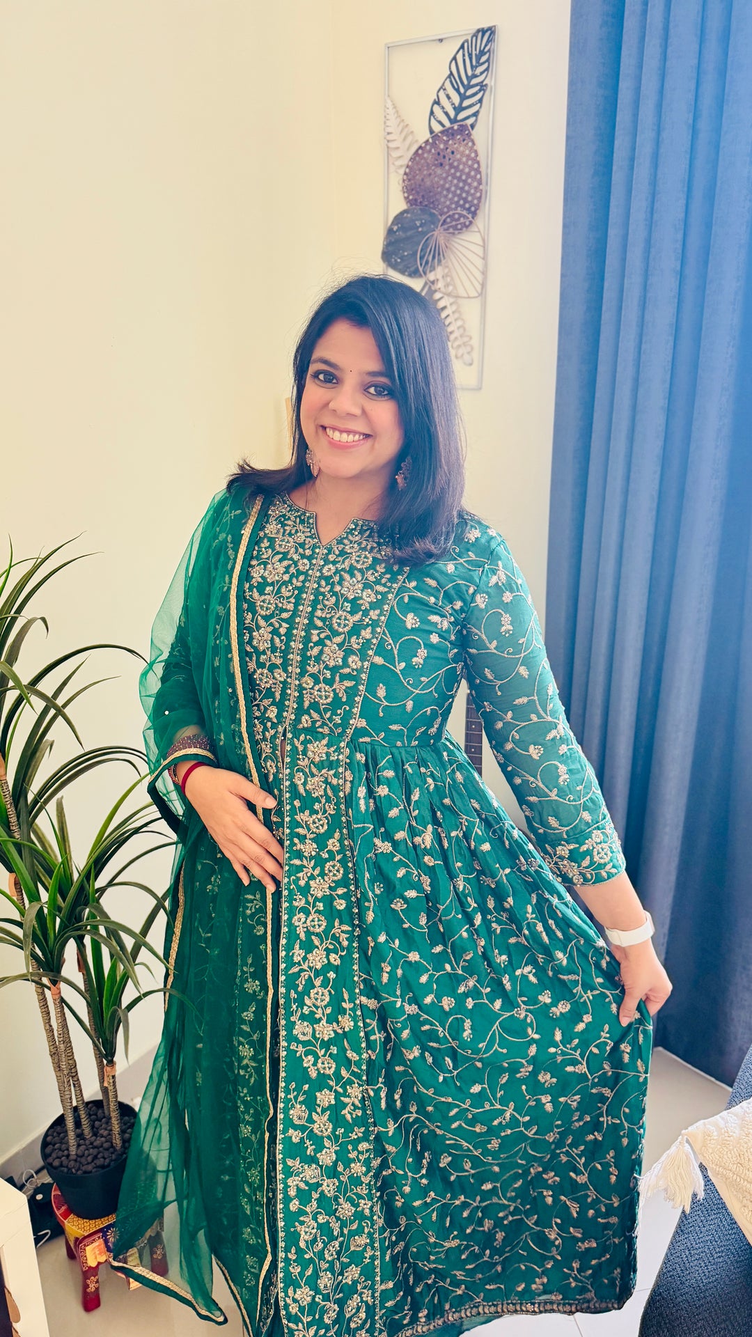 Emerald Green Festive Anarkali Gown with Heavy Golden Embroidery