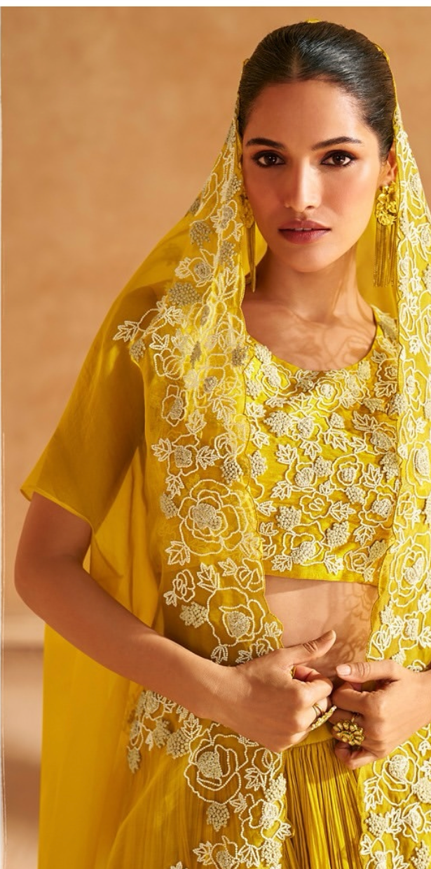 Yellow Embroidered Cape Lehenga Set