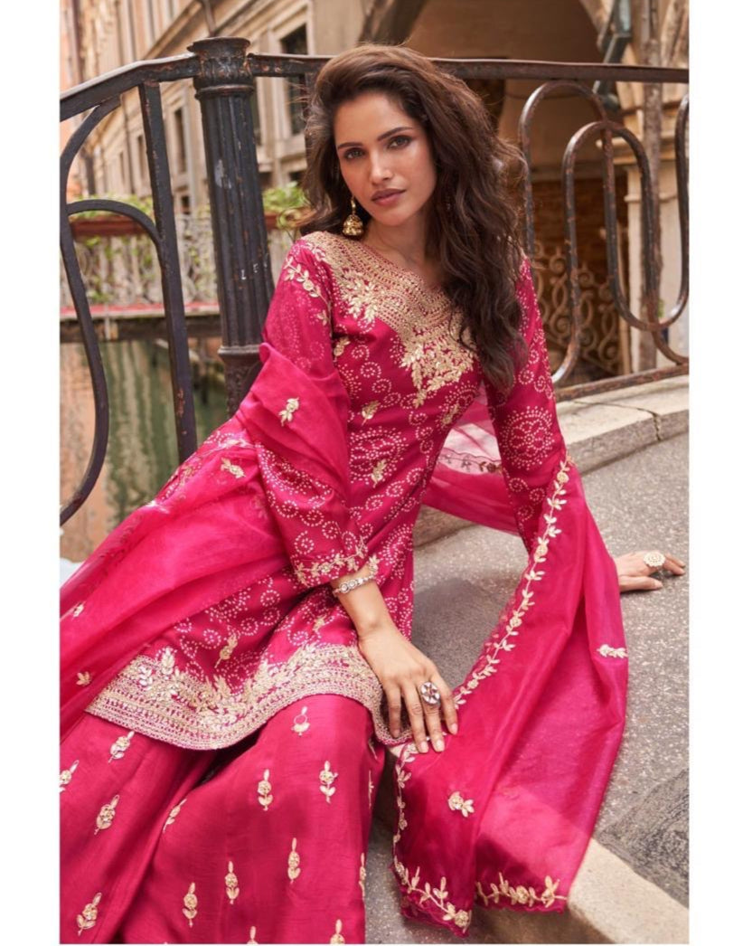 Rani Pink Bhandej Festive Wear Palazzo Suit