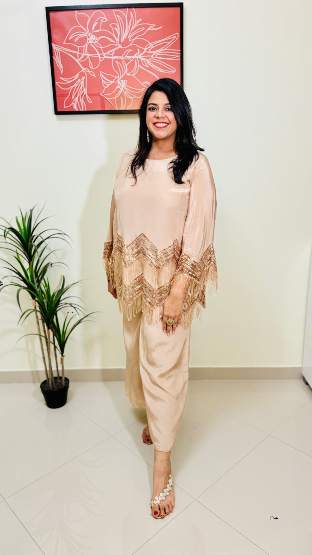 Beige Party Wear Embroidered Coord Set