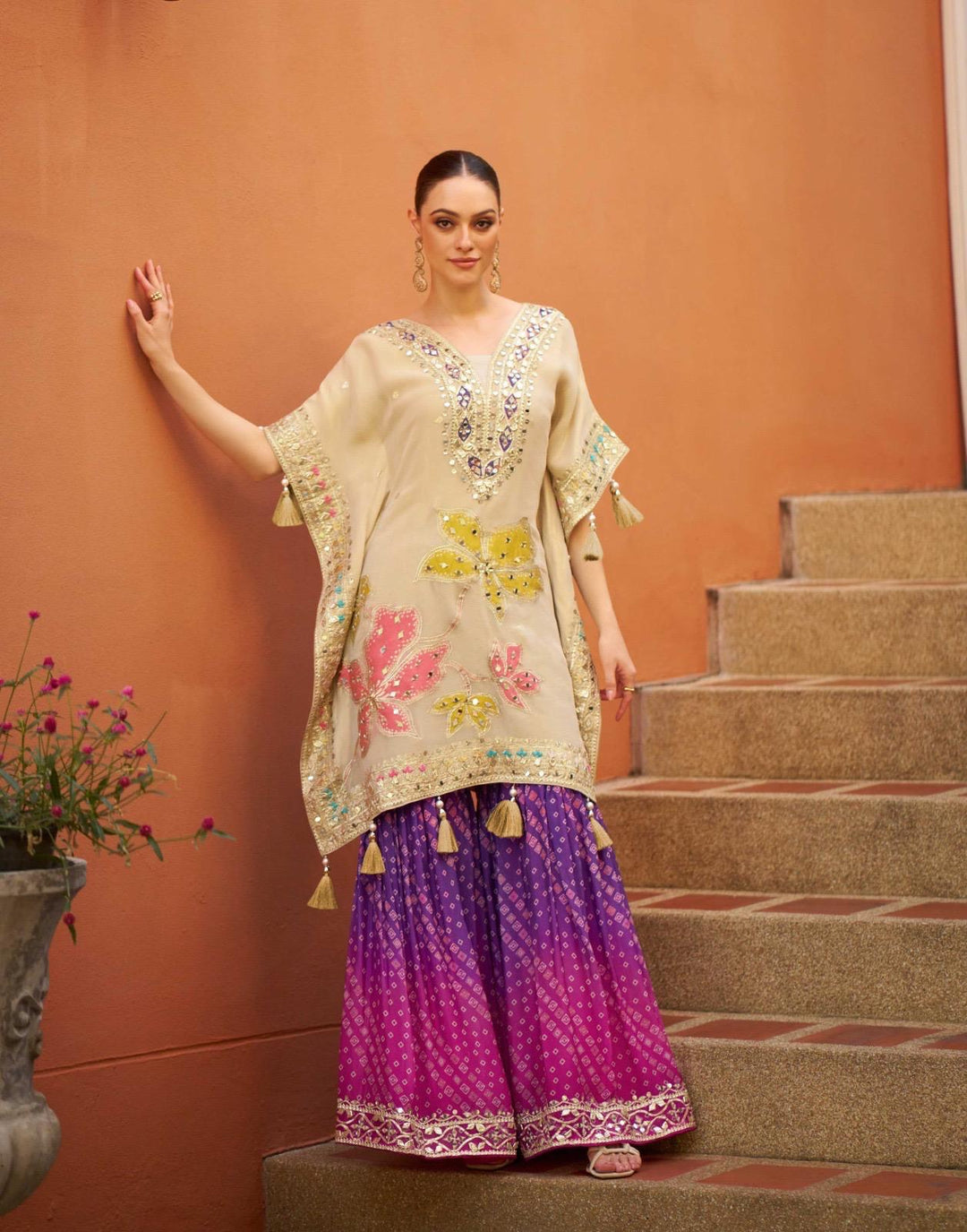 White Embroidered  gotta patti party wear purple bandhani sharara kaftan set