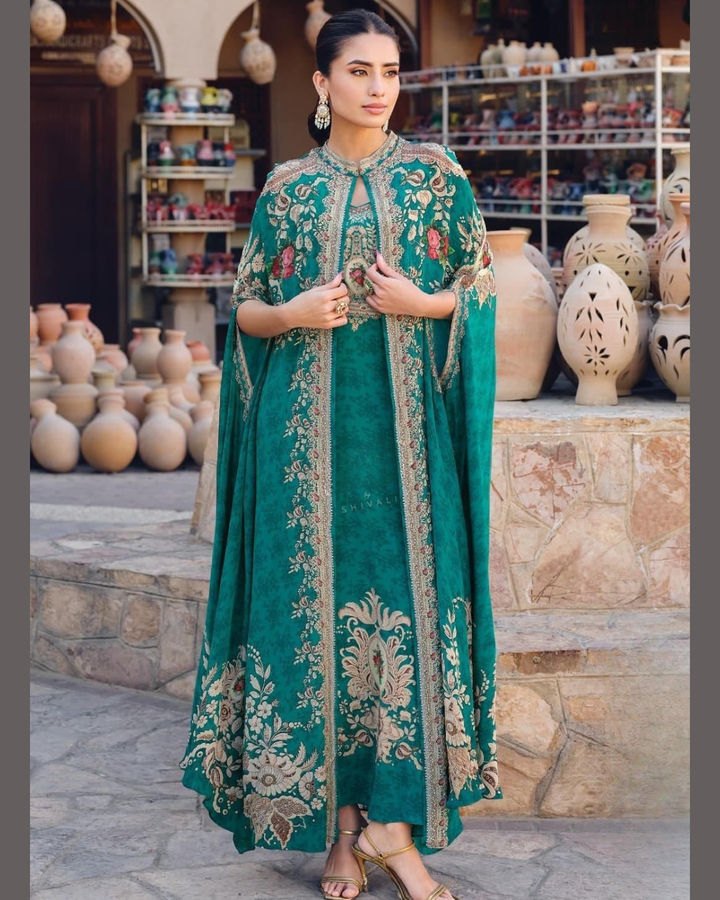 Al Safa-e-Naz Teal Printed-Cape Set