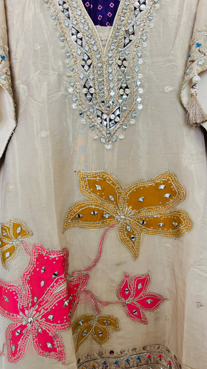 Off White Embroidered  gotta patti party wear purple bandhani sharara kaftan set