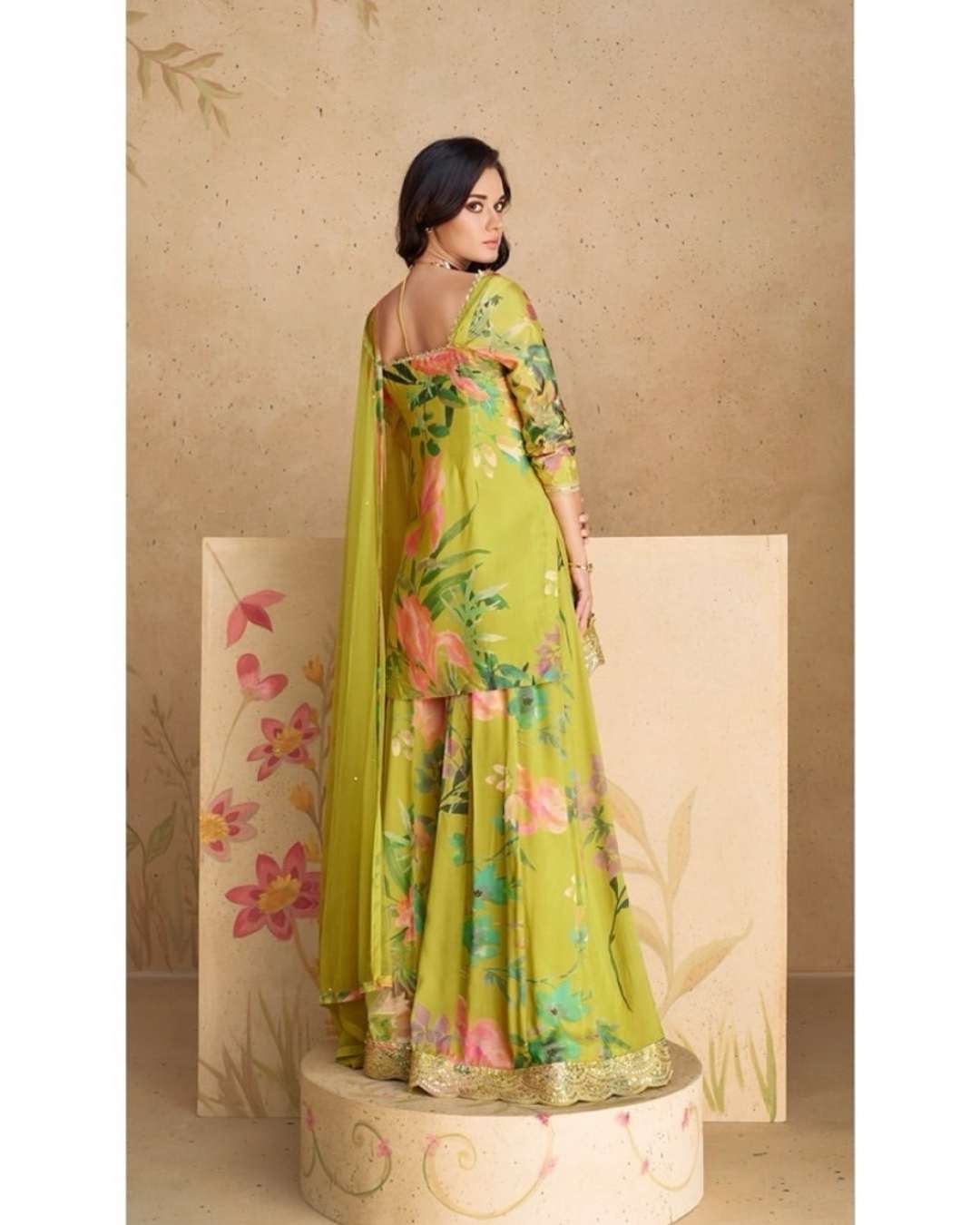 Lime Green Floral Palazzo Suit with Dupatta