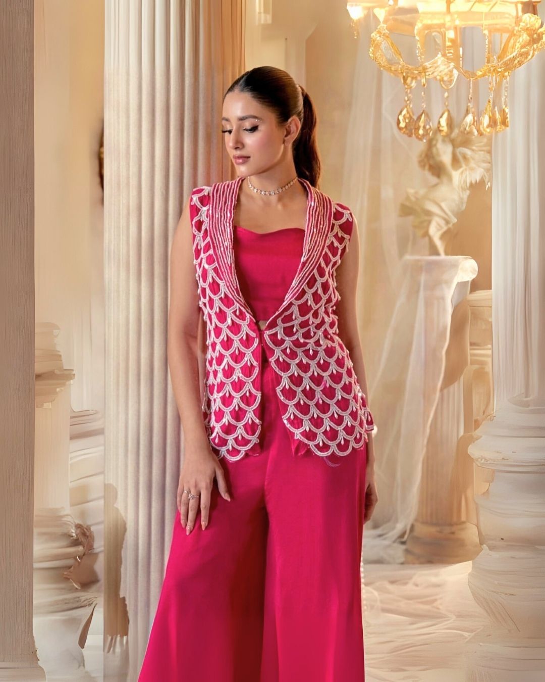 Rani Pink 3 Piece Indo Western Jacket Style Palazzo Party Wear Set