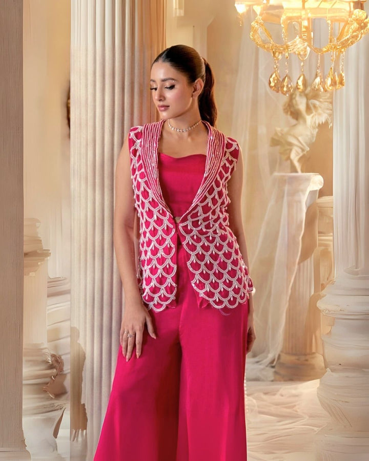 Rani Pink 3 Piece Indo Western Jacket Style Palazzo Party Wear Set