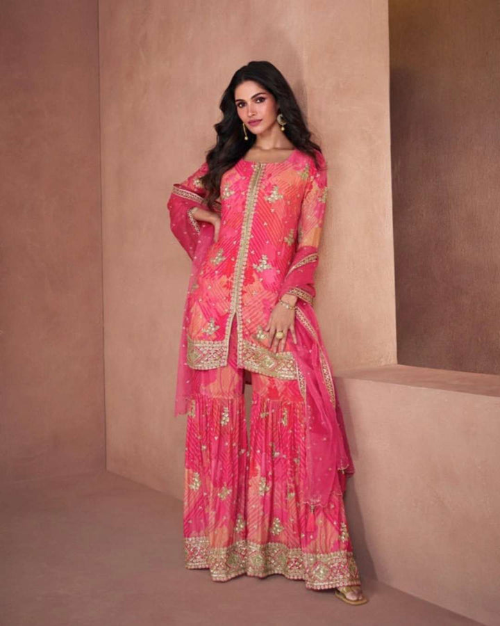 Hot Pink Leheriya Style Kothi Sharara Festive Suit Set