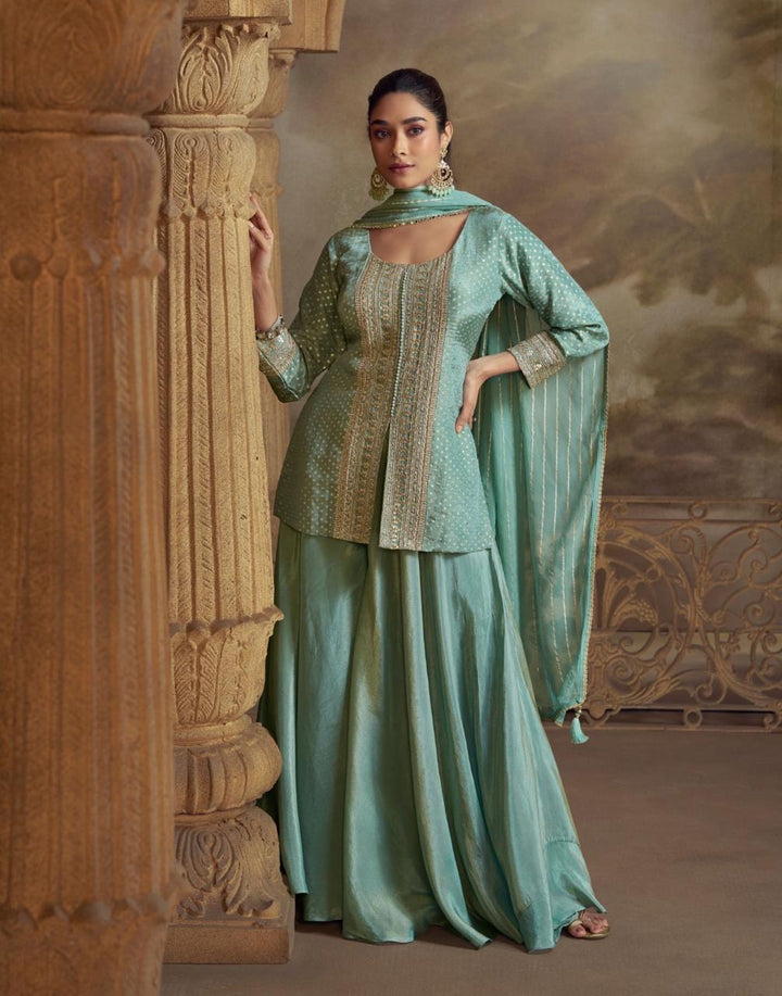 Mint Green Festive Kothi Skirt Set With Golden Embroidery