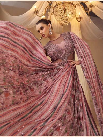 Shades Of Pink Wedding Special Hand Embroidered Gown with Dramactic Sleeves