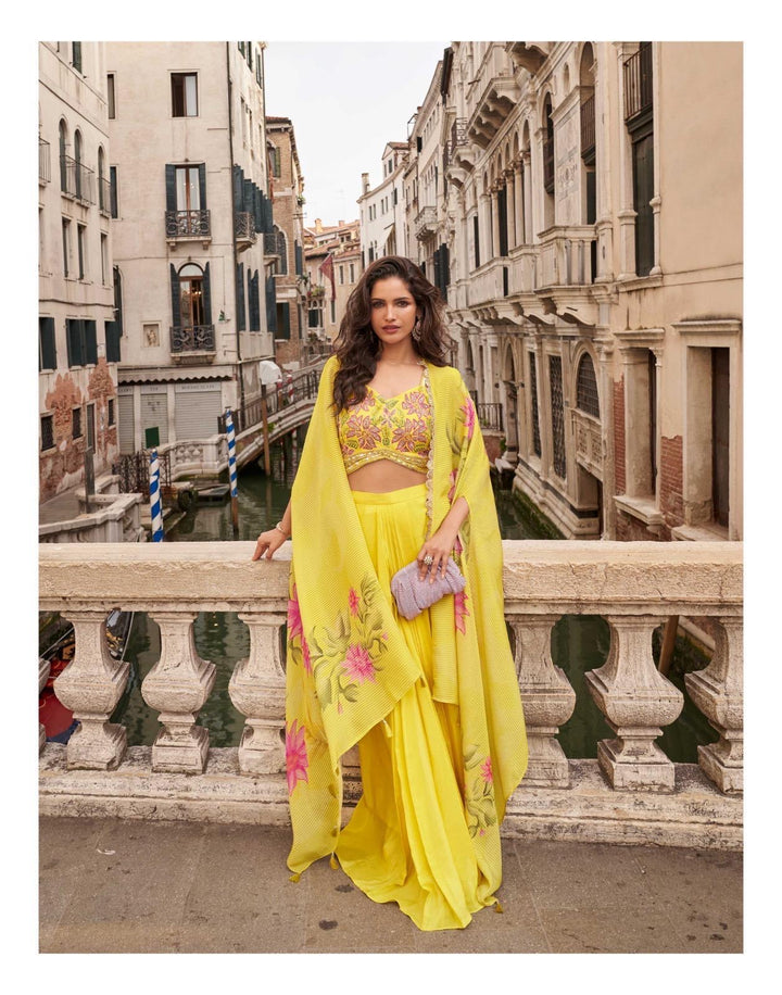 Pink Cape 3 piece Indo Western Drape Skirt Set