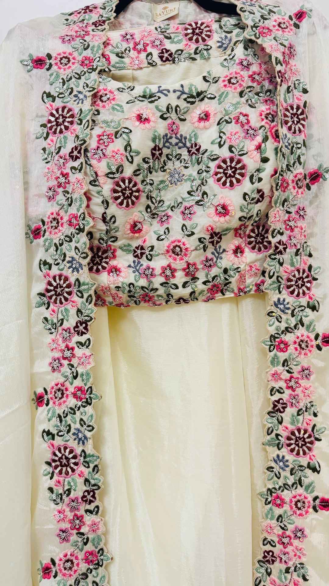 White 3 piece Indo Western Floral Embroidered Cape Set