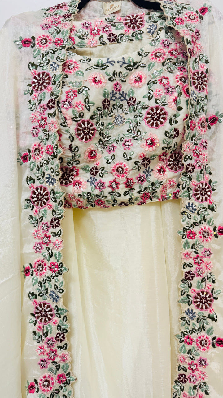 White 3 piece Indo Western Floral Embroidered Cape Set