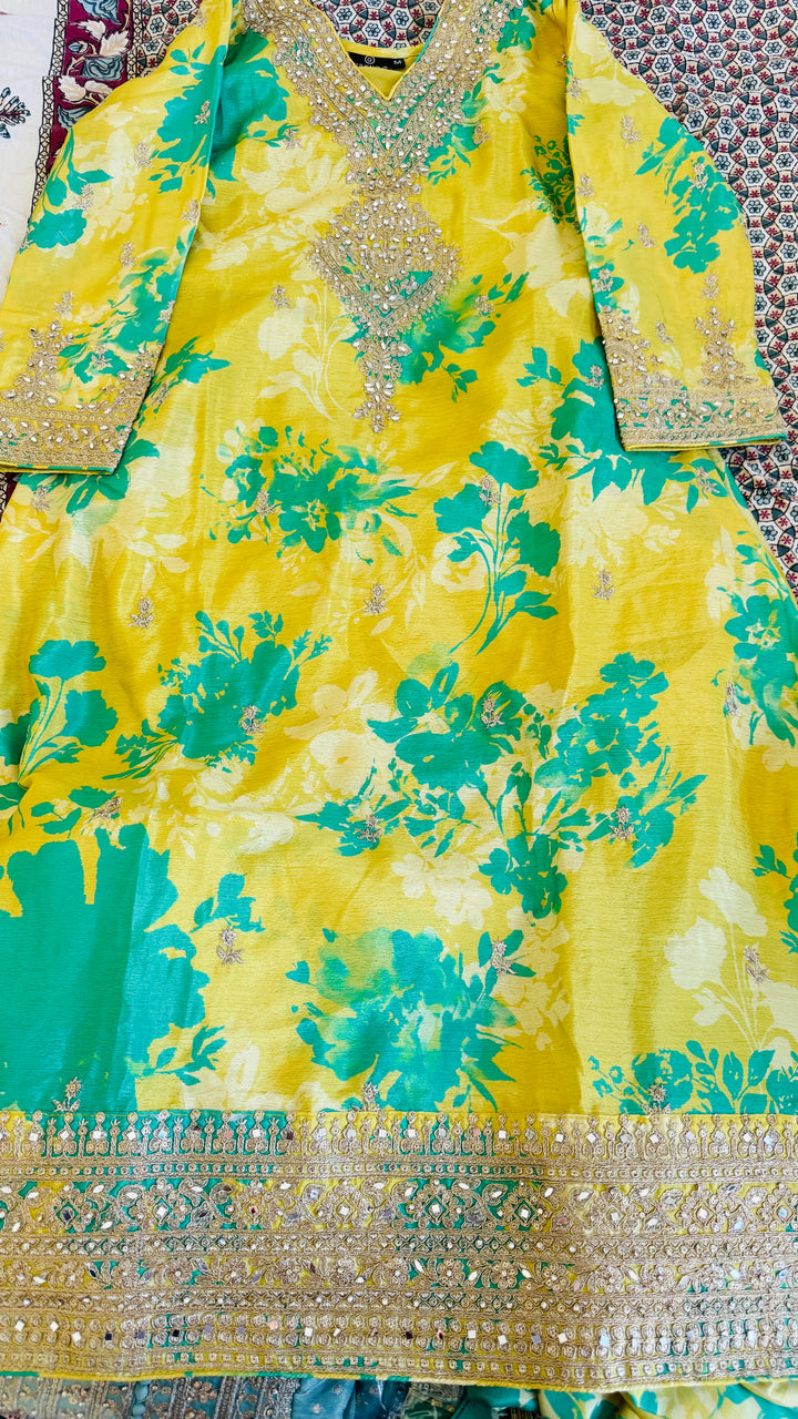 Yellow Green Printed Dual Shade Palazzo Festive Suit Set