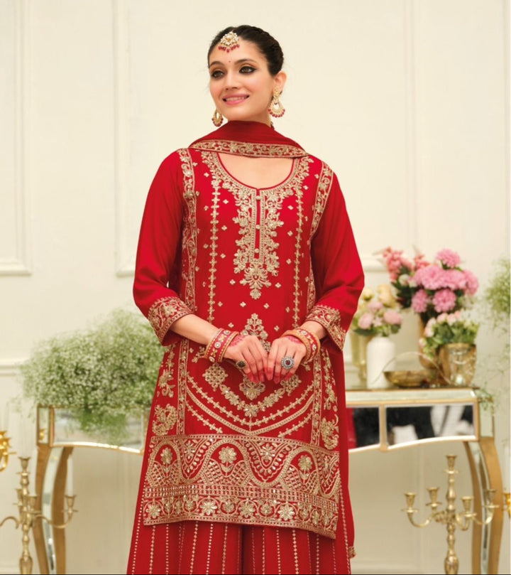 Red Karwachauth Special Party Wear Heavy Embroidered Straight Kurta With Palazzo and Red Dupatta