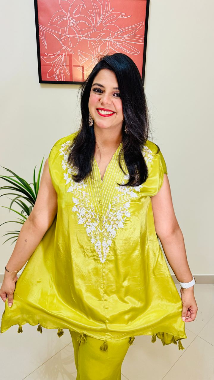 Lime Green Embroidered Kaftan Set