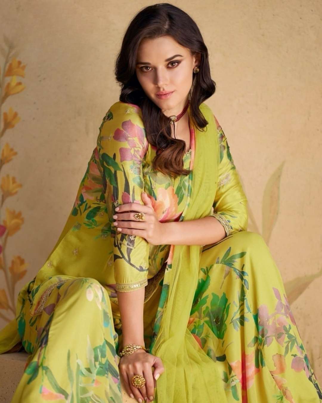 Lime Green Floral Palazzo Suit with Dupatta