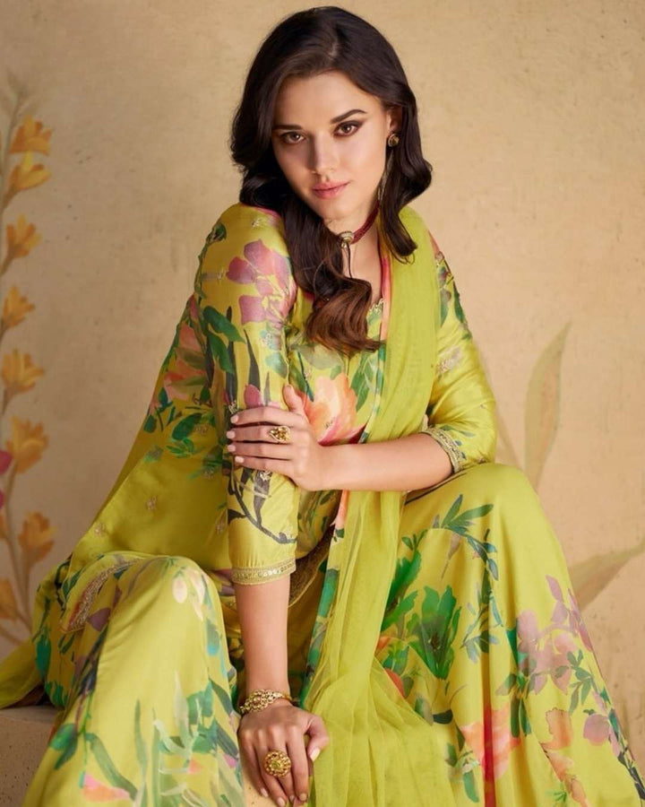 Lime Green Floral Palazzo Suit with Dupatta