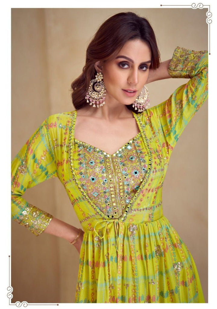 Lime Yellow Desert Glow 3 Piece Party Wear Long Jacket Palazzo Set