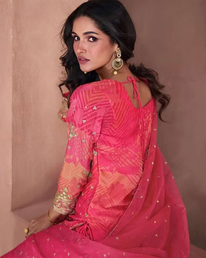 Hot Pink Leheriya Style Kothi Sharara Festive Suit Set