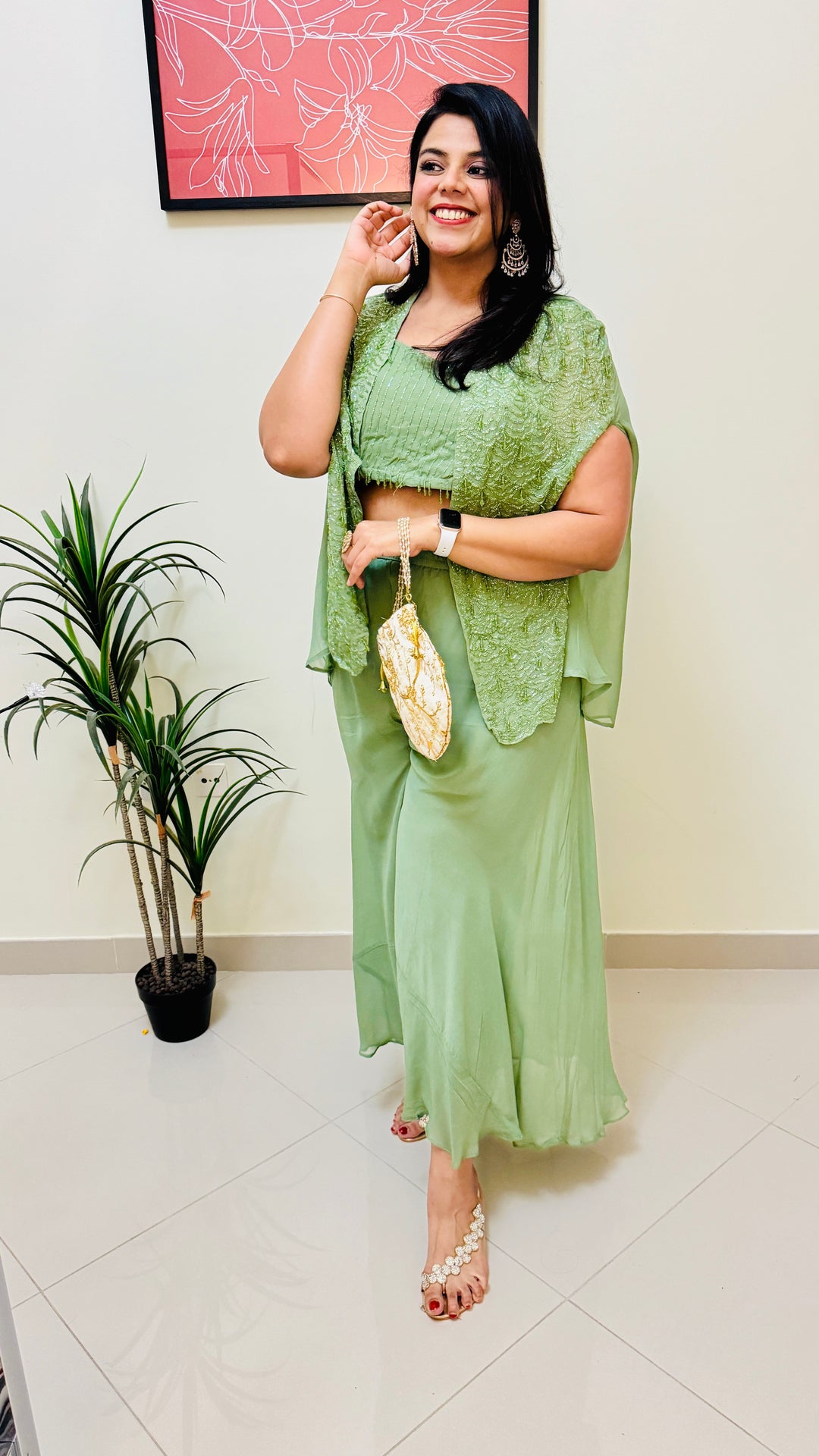 Pastel Green 3 Piece Indo Western Jacket Palazzo Party Wear Set