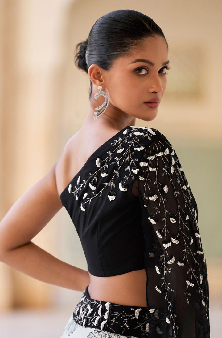 Black and White Off Shoulder Dramactic Sleeves Crop Top Skirt Set