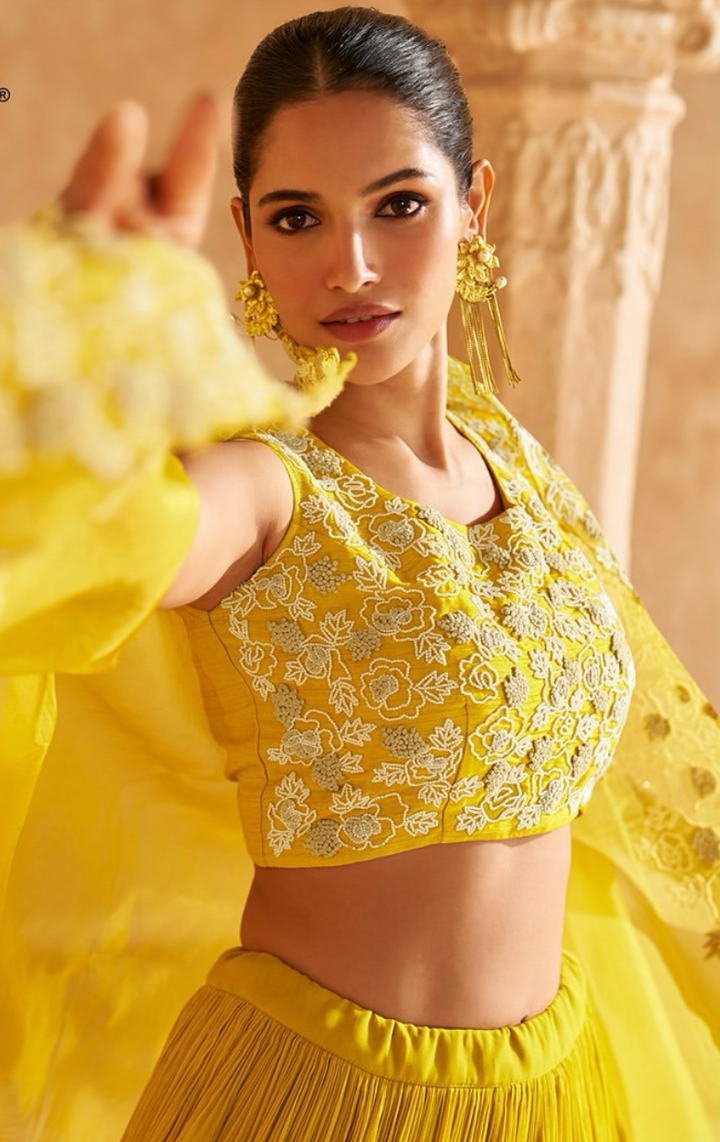 Yellow Embroidered Cape Lehenga Set