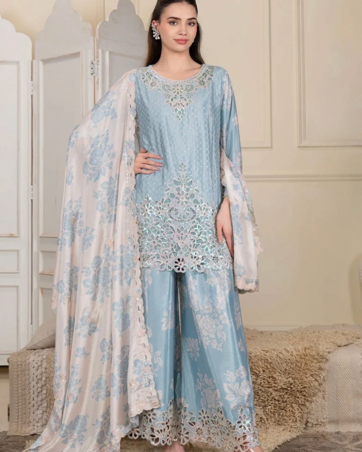 Noor Al Dubai Light Blue Itra Cutwork-Palazzo Set