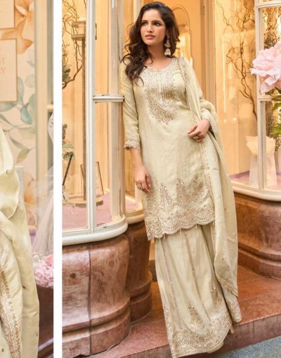 Ivory Festive Golden Embroidered Palazzo Suit Set