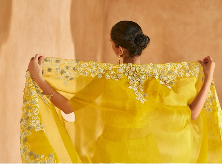 Yellow Embroidered Cape Lehenga Set