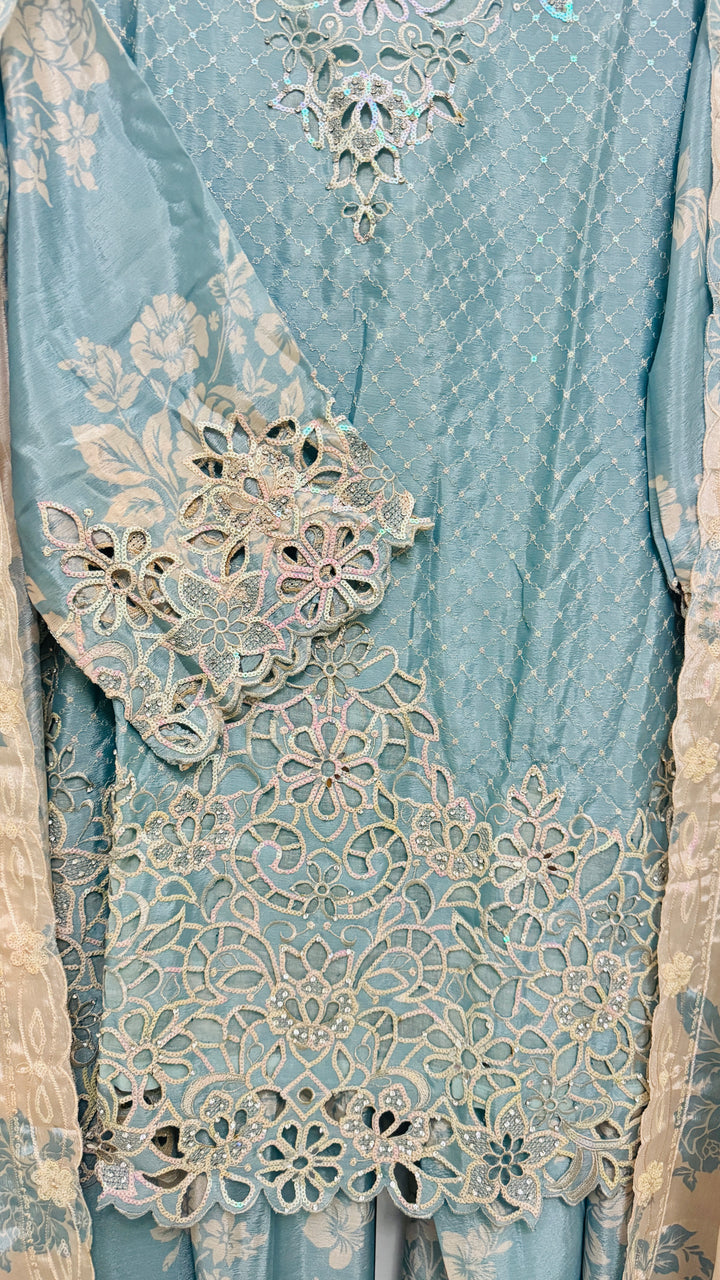 Noor Al Dubai Light Blue Itra Cutwork-Palazzo Set
