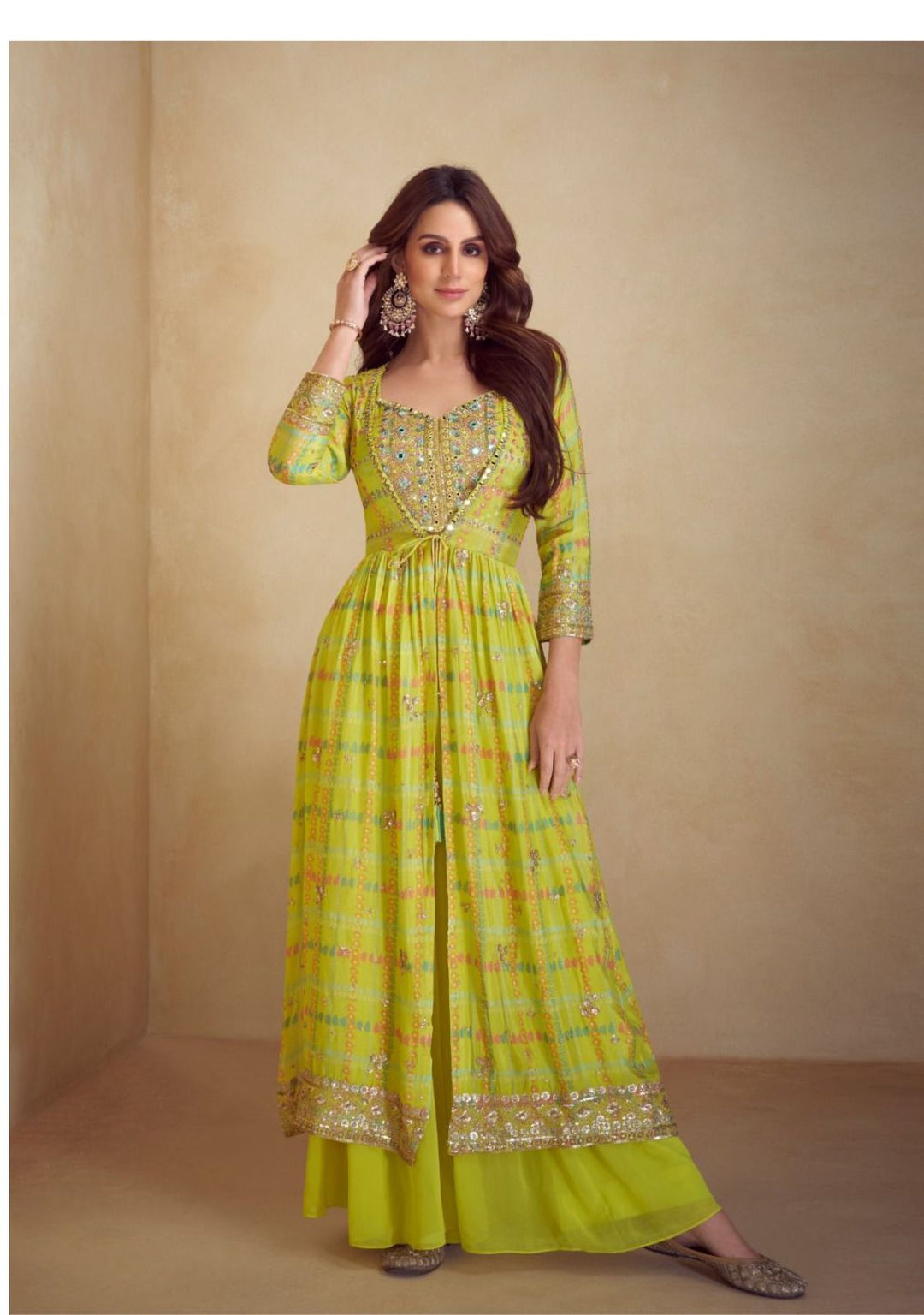 Lime Yellow Desert Glow 3 Piece Party Wear Long Jacket Palazzo Set