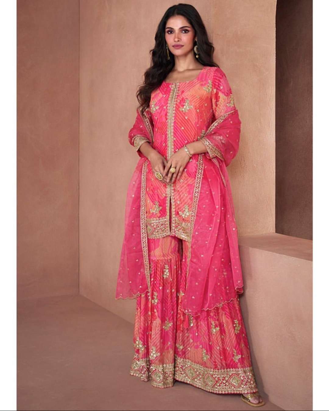 Hot Pink Leheriya Style Kothi Sharara Festive Suit Set