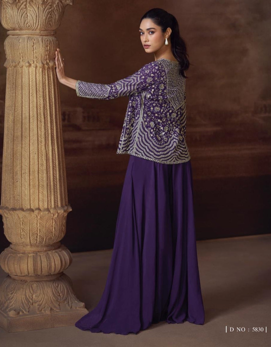 Purple Party Wear 3 Piece Mirror Work Jacket With Palazzo Set
