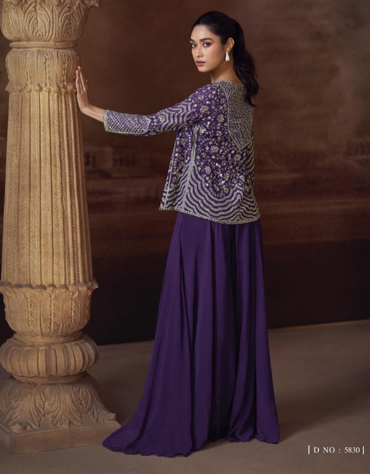 Purple Party Wear 3 Piece Mirror Work Jacket With Palazzo Set