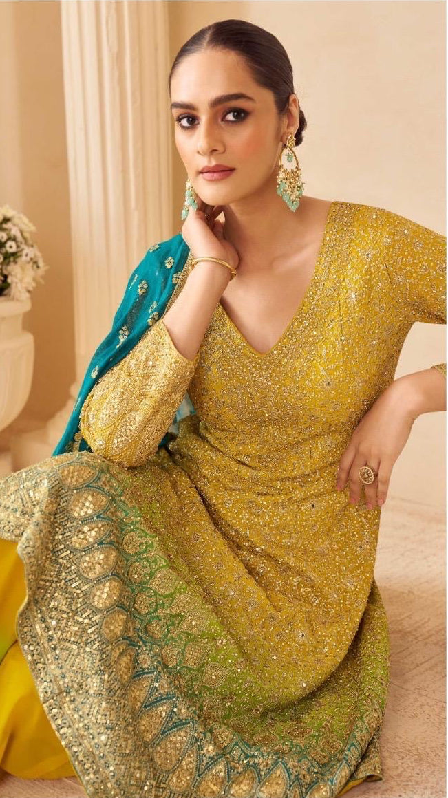 Yellow Teal Heavy Anarkali Style Swaroski Embroidered Party Wear Palazzo Suit