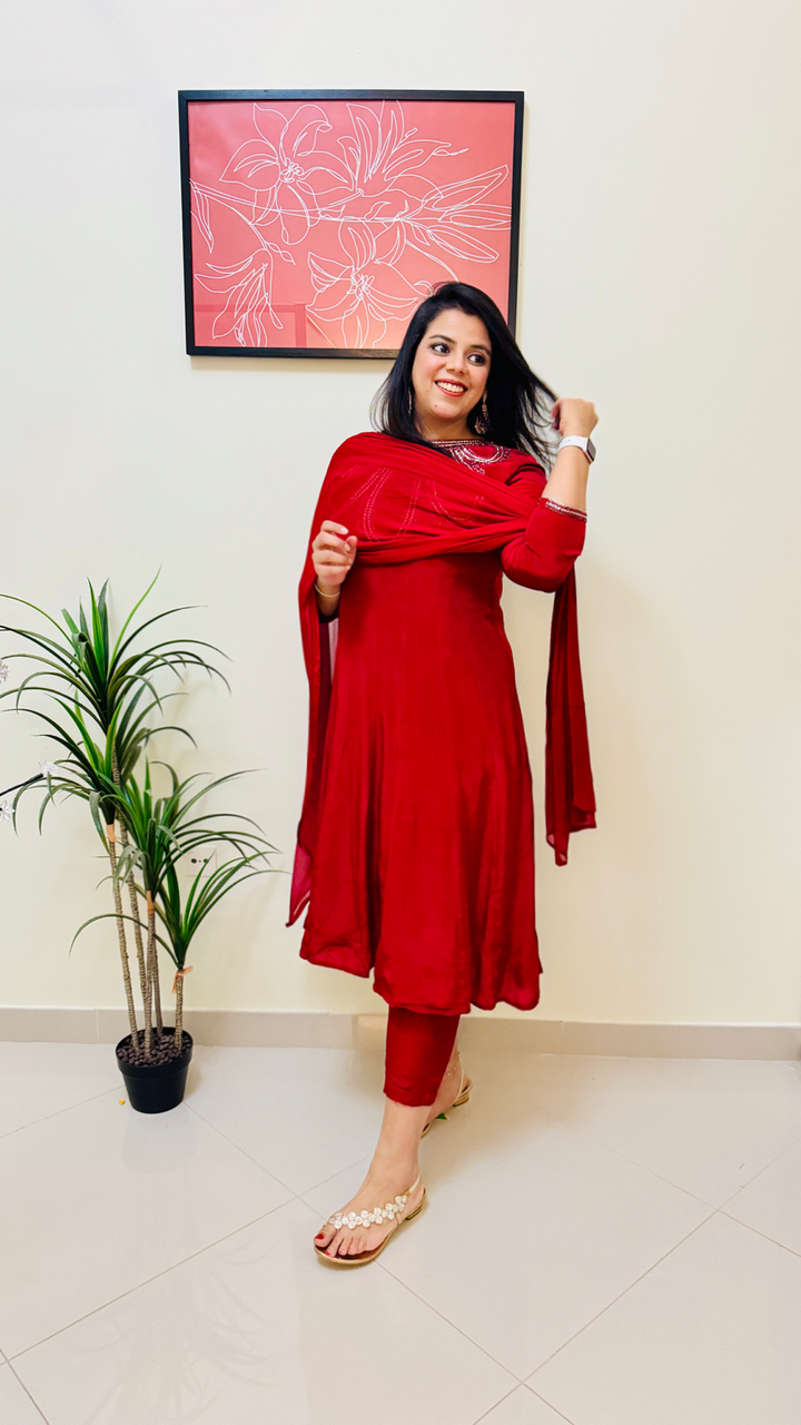 Maroon Embroidered Crepe Anarkali Suit