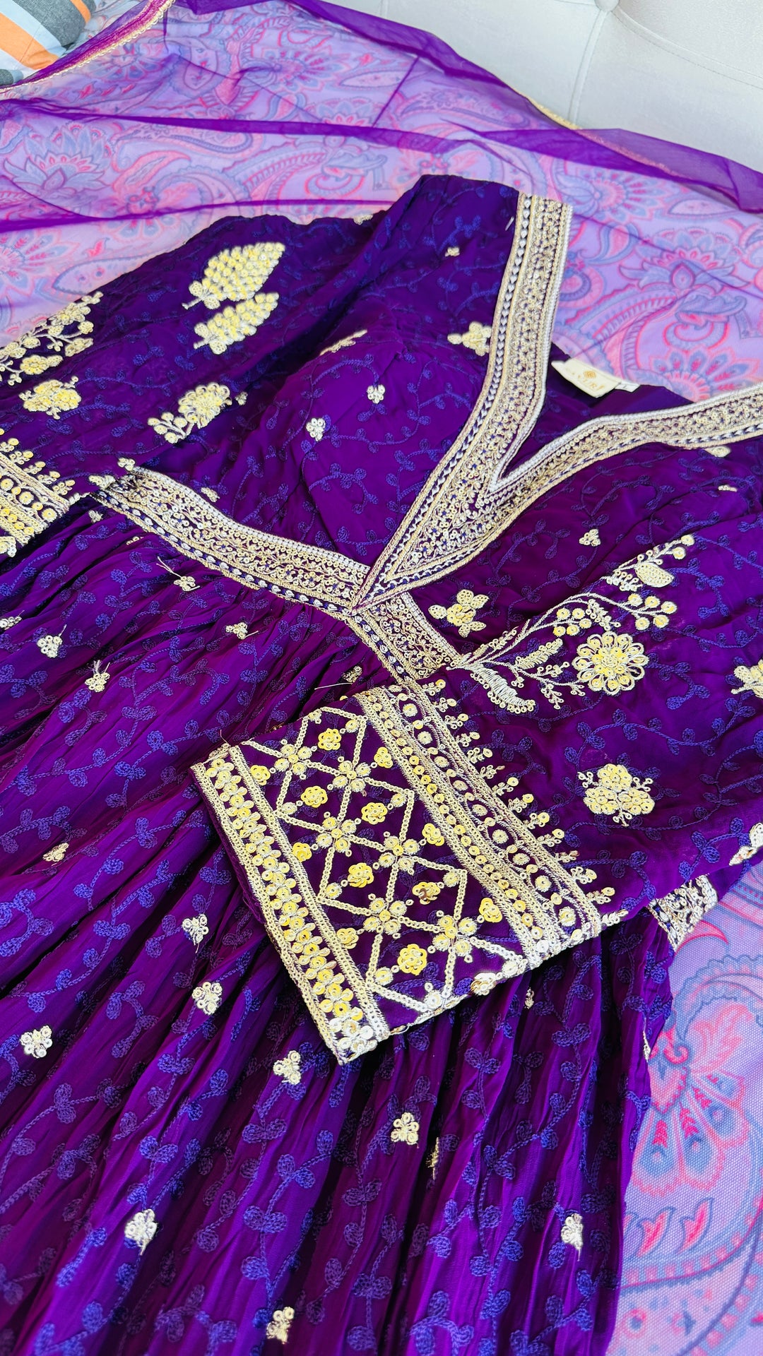Purple Embroidered Tradtional Anarkali Gown Set