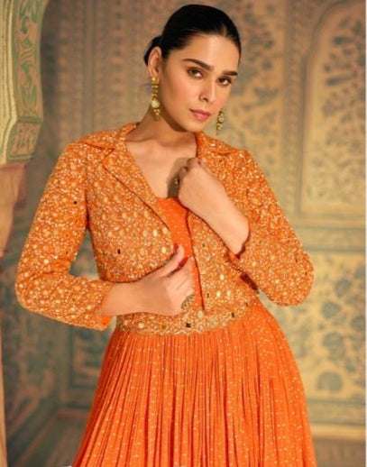 Orange Designer Wedding Gown With Jacket and Embroidery
