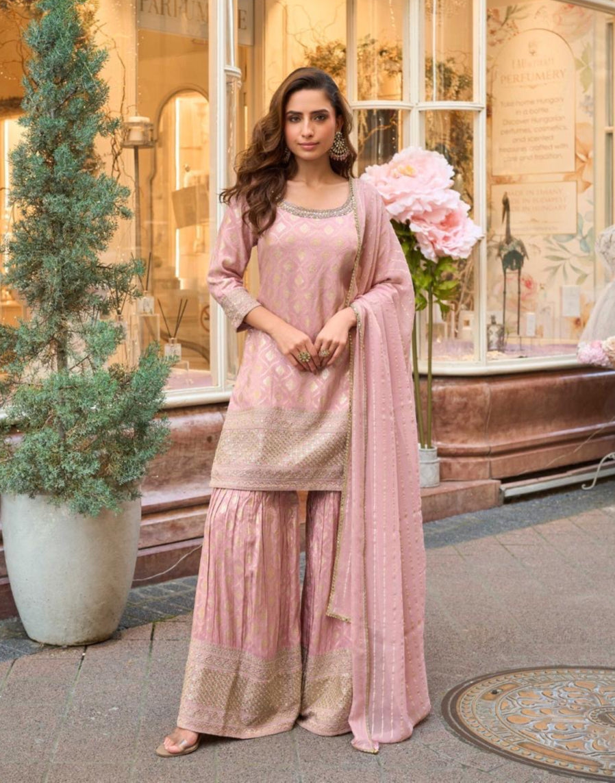 Baby Pink And Golden Festive Embroidered Sharara Suit