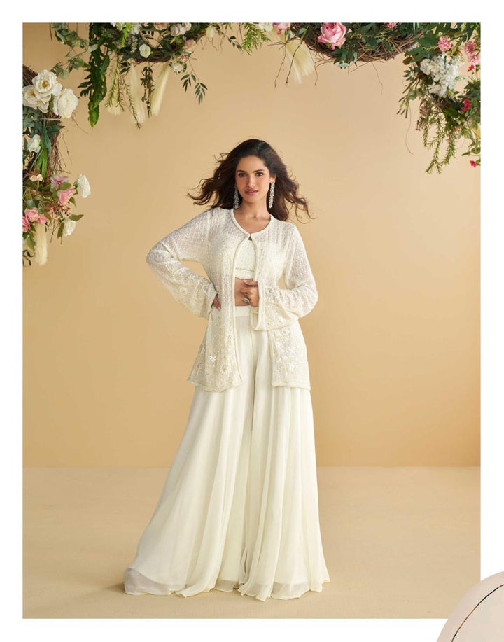 Designer White 3 Piece Indo Western Cape Party Wear Set