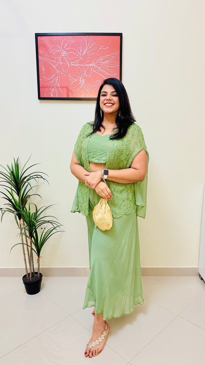 Pastel Green 3 Piece Indo Western Jacket Palazzo Party Wear Set