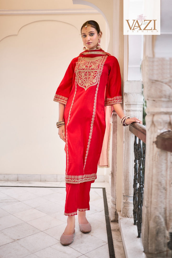 Red Karwachauth Special Party Wear Embroidered Kurta With Pants And Red Dupatta