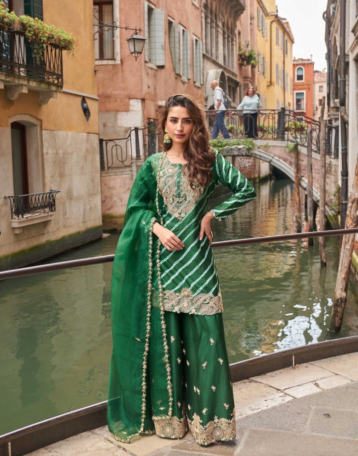 Green Lehriya Embroidered Festive Palazzo Suit Set